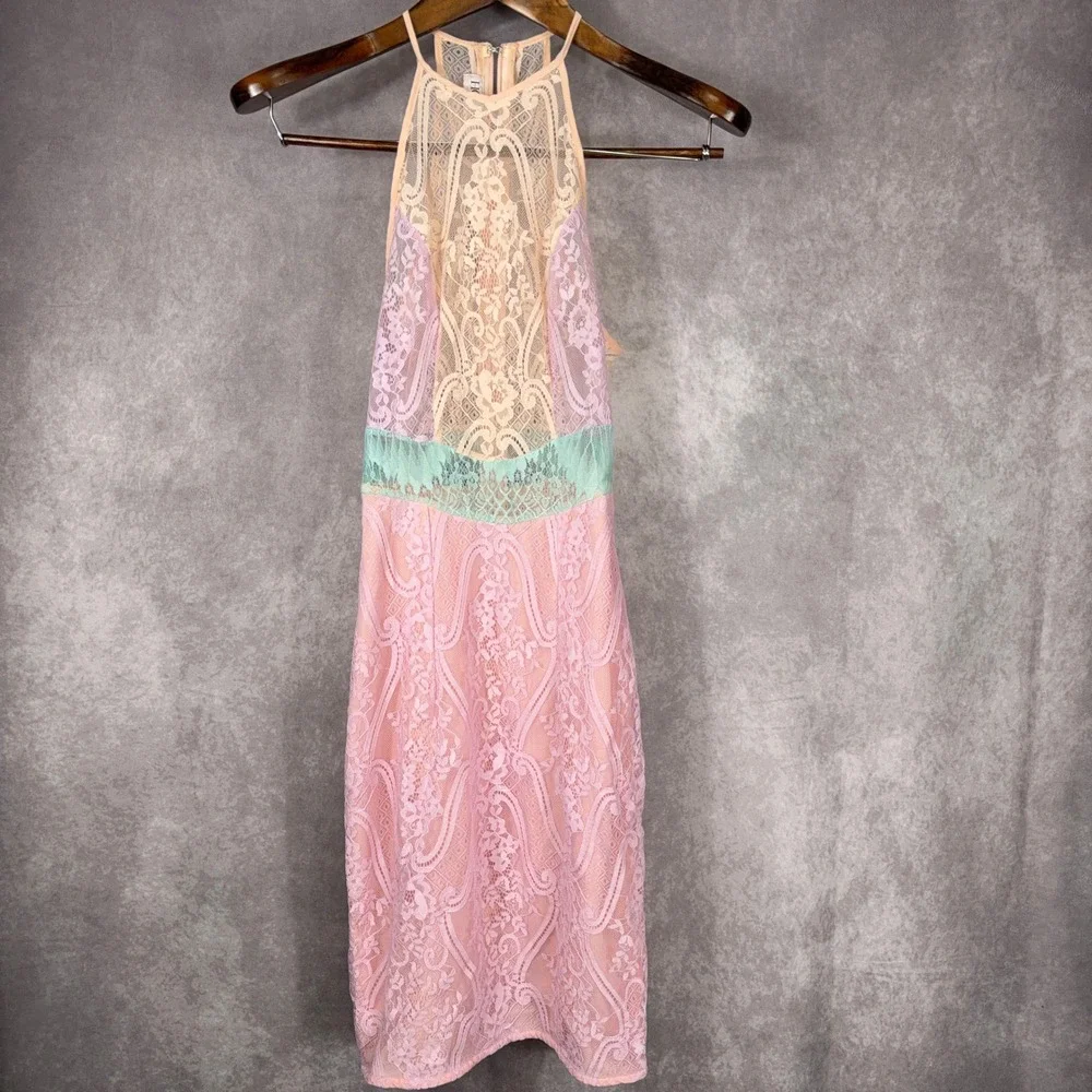 House of CB | Dresses | House Of Cb Alvaro Lace Colorblock Halter Bodycon  Midi Dress Pink Peach Xs | Poshmark